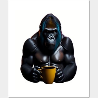 Gorilla with coffee mug Posters and Art